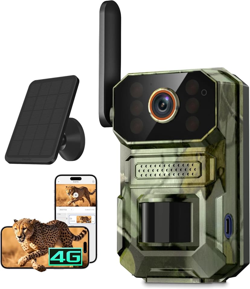 4G LTE Cellular Trail Camera with Solar Panel, 1080p Full HD Game Cameras, Live View, Night Vision, Motion Detection, 2-Way Talk, IP65, Built-in SIM Card, Unlimited Plan (Sold Separately)