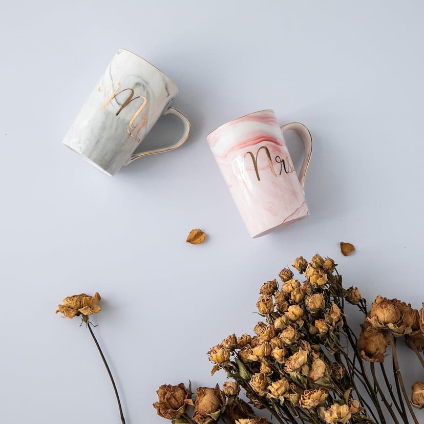 Jumway Mr and Mrs Coffee Mugs - Wedding Gifts for Bride and Groom - Gifts for Bridal Shower Engagement Wedding and Married Couples Anniversary - Ceramic Marble Cups 14 Oz Pink