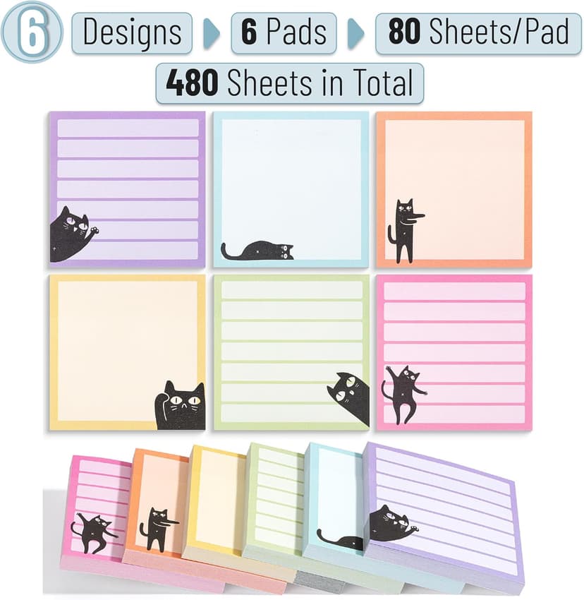 Mr. Pen- Black Cat Sticky Notes Set, 3" x 3", 6 Pads, 480 Sheets | Black Cat Sticky Notes, Memo Pads, Self-Stick Note Pad for Office, School, Home, Study & Organization B0D1PFBKGF