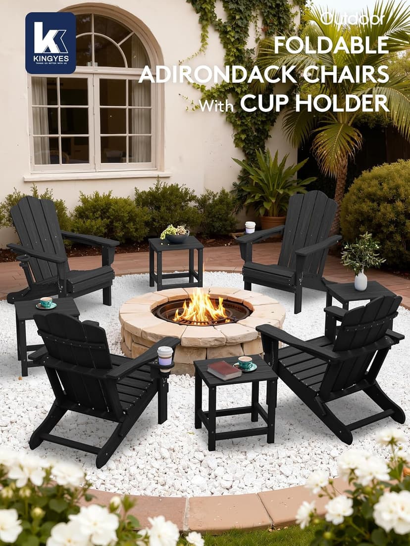 KINGYES Folding Adirondack Chair Set of 6, HDPE All-Weather Patio Chairs, Wooden Textured Lawn Chair for Poolside, Backyard, Deck, Fire Pit, Black