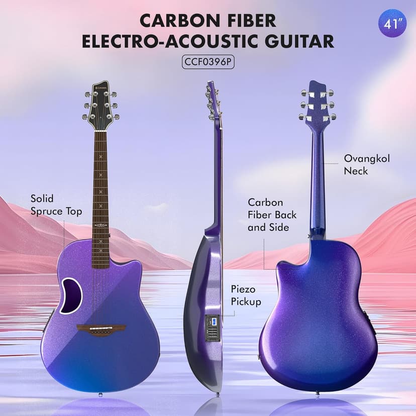 CAHAYA Acoustic Electric Guitar Kit - 41” Carbon Fiber Adult Beginner Set with Bag and Strap Built-In Pickup Rich Resonance & Warm Tone for Performance Ready, Pearl Blue-Purple Finish
