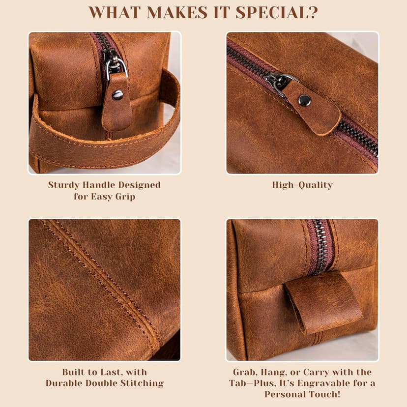 Personalized Leather Toiletry Bag for Men - Handmade Custom Engraved Dopp Kit, Perfect Gift for Dad, Husband, Birthdays & Anniversaries, Groomsmen Gifts, Travel Size Bag, Gifts for Him