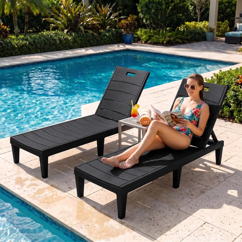 Greesum Outdoor Chaise Lounge Chairs Set of 2 with 5-Position Adjustable Backrest, Waterproof PP Sun Loungers for Garden Pool Beach Patio Deck Sunbathing, Black