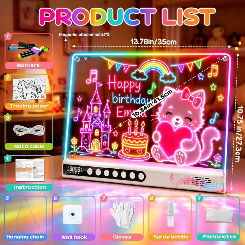 8 Colors, 8 Modes, 15 Light Effects with Music & Blue-Tooth, Doodle Neon Glow Pad Toys Gift for Girls/Boys/Kids 16" Rechargeable LED Drawing Board, Kids Birthday Christmas Gift B0GT9HHRJJ