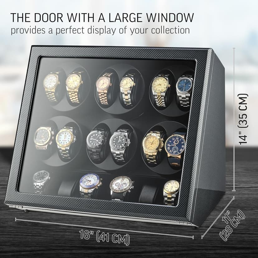 TIMECUBE 12 Watch Winder with 6 Storage Slots, LED Light and Automatic Motor-Stop (Carbon)