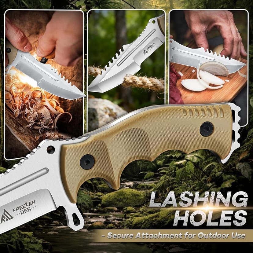 Freelander Fixed Blade Knife with Sheath, Full Tang D2 Steel Survival Knife, Camping Bushcraft Knives with Ergonomic Handle, Outdoor Knives for Men