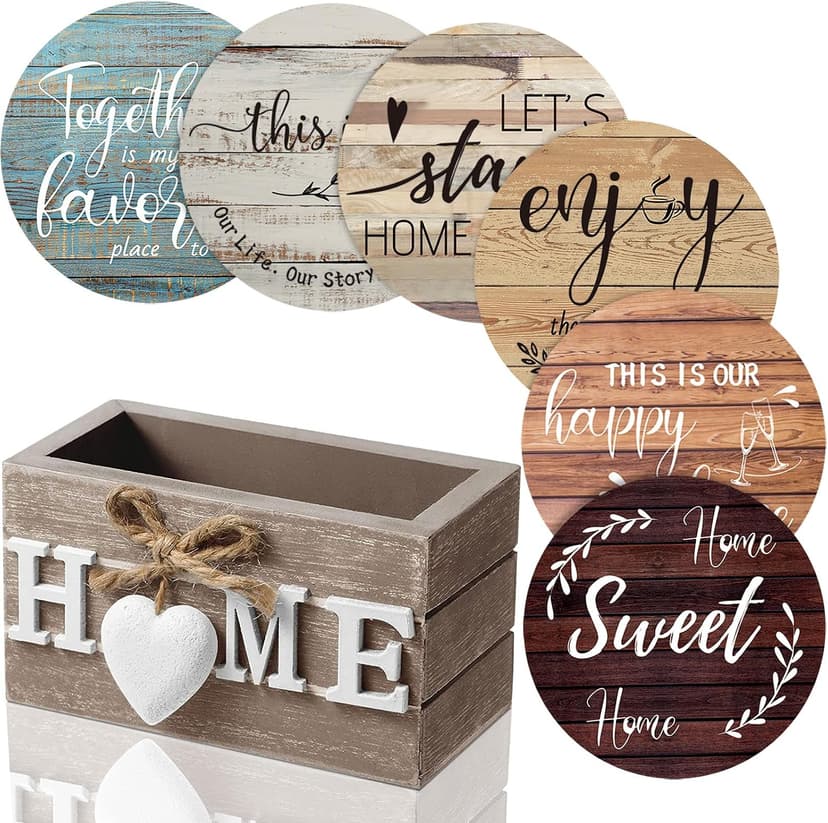 Wooden Coasters for Drink with Holder, 4'', Funny Home Decoration for Family Coffee Bar Table Protection, New Home Gift Ideas Queekay House Warming Gifts New Home Farmhouse Coasters Set of 6, Mixed B0BRSGRGBG