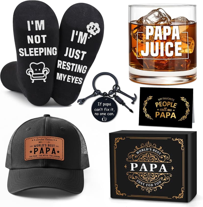 Papa Gifts from Grandkids Papa Birthday Gifts for Men Happy Birthday Gift Ideas for Best Papas from Grandson Granddaughter Grandchildren Funny Gift Set for Christmas, Fathers Day with Hat, Wine Glass B0FW57CH3S