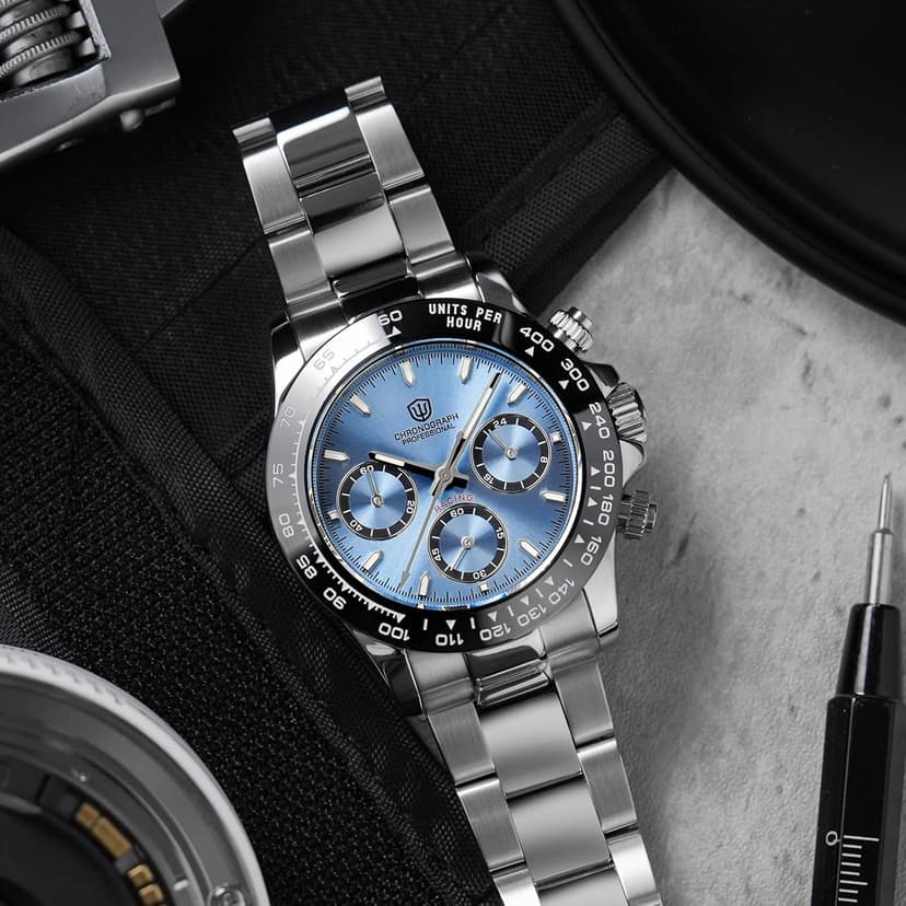 watchdives Chronograph Watch, WD16500 V2 Quartz Men Watches Japan VK63 Meca-Quartz Movement 38mm Sapphire Crystal Wristwatch 100M Waterproof Sport Watch, Stainless Steel Bracelet