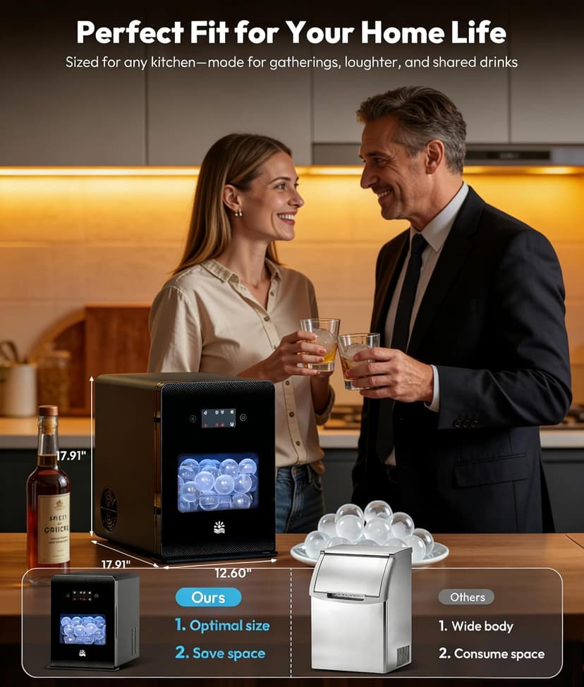 2" Ice Ball Maker - 4 Ice Spheres in 35min, 144pcs/Day, Sphere Ice Maker with Automatic Water Fill, LED Quiet Panel, Self-Cleaning Clear Ice Maker for Cocktails Whiskey Bourborn, Bar, Home