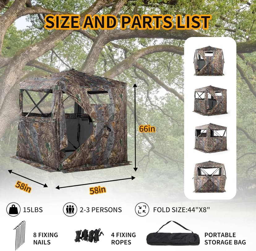 FUNHORUN Hunting Blind 270/360 Degree See Through Ground Blind with Carrying Bag, 2/3/4 Person Pop Up Camouflage Tent Portable Concealed Shelter