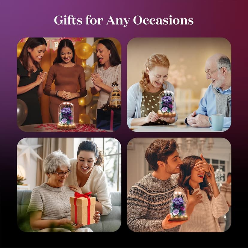 Dsuto Forever Fresh Flowers Bouquet in Glass Dome with Light, Preserved Purple Roses Gifts for Women on Birthdays, Anniversaries, Christmas, Valentine’s Day & Mother’s Day