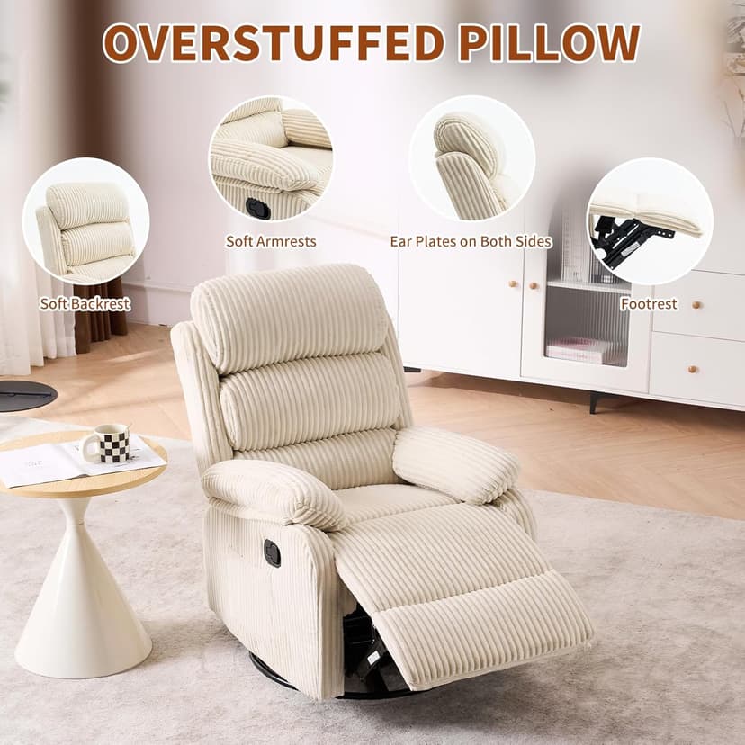 Adult 360° Rocking Recliner Chair，Nursery Rocker Reclining Chair with Side Pocket, a Comfy upholstered Single Sofa Armchair. Suitable for Living Room, Bedroom Nursing use, Velvet Fabric in Beige