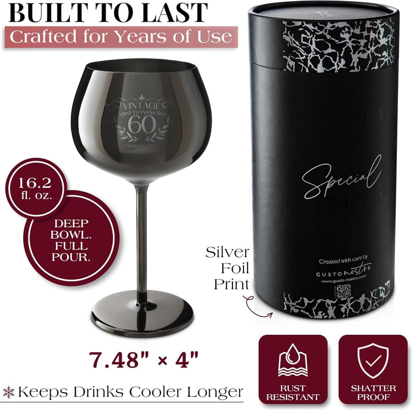 Gusto Nostro 60th Birthday Wine Glass - Happy 60th Birthday Gifts for Women/Men - Stainless Steel Wine Glass with Engraved Vintage Sixty Bday Quote, Luxury Box - Unique Gifts for 60 Year Old Woman,Man B0GGB4H1SW