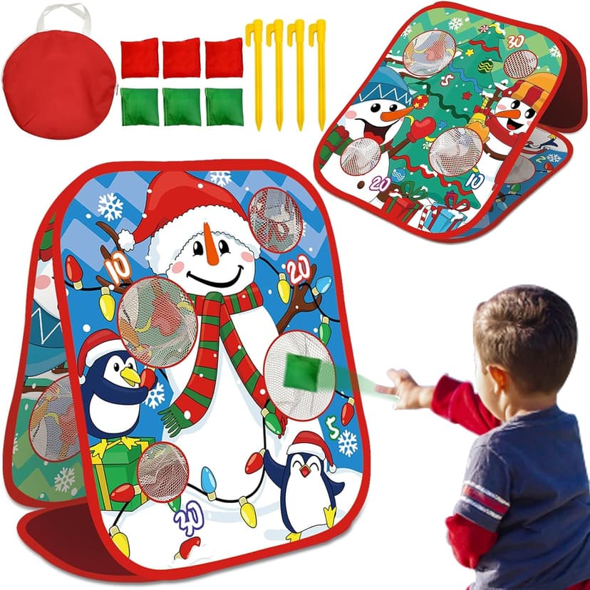 Christmas Party Games for Kids Adults, Bean Bag Toss Game Toys Double-Sided Foldable Cornhole Board with 8 Score Hole Christmas Theme Family Party Supplies Gifts for Carnival Yard Indoor Outdoor