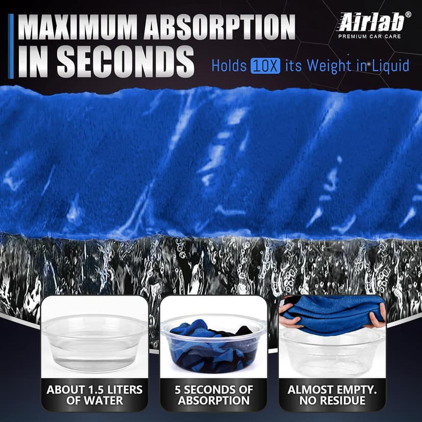 Airlab Microfiber Towels for Cars Wash Drying Thick Plush Cleaning Cloth Auto Detailing Super Absorbent for Interior & Exterior Lint Free, Streak Free, 16" X 16", 800 GSM, Pack of 4