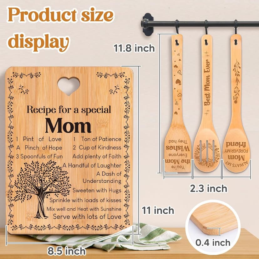 4-Piece Engraved Bamboo Mom Mother Mommy Cutting Board Set from Daughter or Son for Birthdays, Christmas, Mother's Day Birthday Gifts for Mom, "Recipe for a Special Mom" Cutting Board Set B0CXXM43B5
