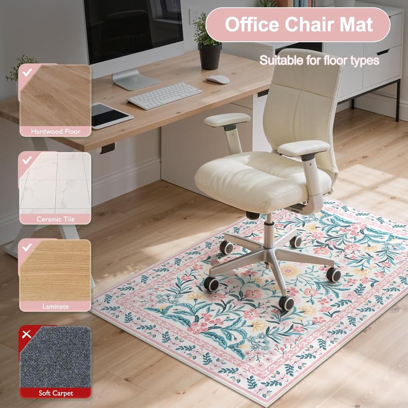 Anidaroel 36"x48" Office Chair Mat for Hardwood Floor, Boho Floral Floor Mat for Office Chair, Anti-Slip Desk Rug for Office, Low Pile Desk Chair Mats for Hardwood, Blush Pink Small Office Rug