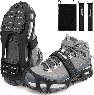 JSHANMEI Ice Cleats, Crampons Snow Traction Ice Cleats for Shoes and Boots Women Men, Non Slip Grippers Spikes for Shoes with Straps, Slip-on Rubber Overshoe Stretch Footwear for Winter Walking Hiking Fishing