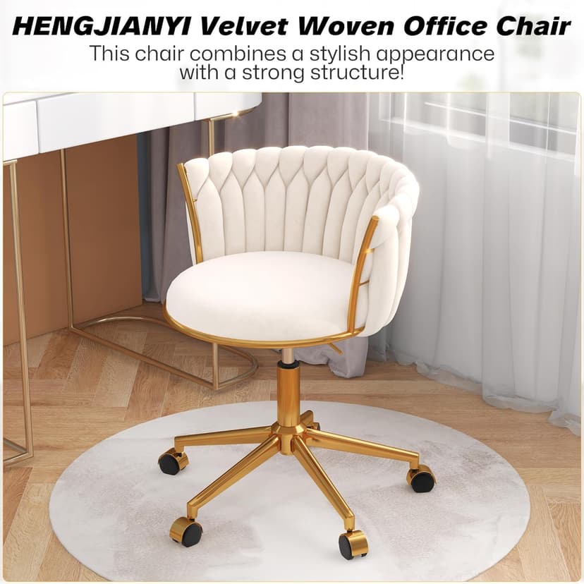 HENGJIANYI Velvet Woven Home Office Chair, Modern Swivel Desk Chair with Wheels, Height Adjustable Vanity Chair with Gold Metal Base and Hand Weaving Back, Beige