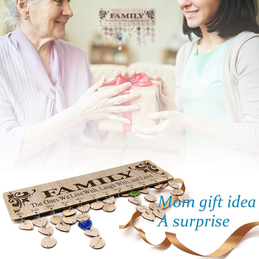 Gifts for Mom Grandma from Daughter, Unique Wooden Family Birthday Reminder Tracker Calendar Board Wall Hanging with 100 Tags, Best Gift Ideas for Christmas Birthday Mother's Day