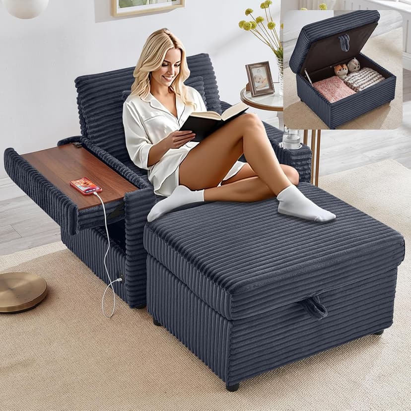 Chaise Lounge Chair Indoor with Ottoman, Corduroy Sofa Bed with Table Board, USB Ports, Cup Holder & Pillow, Boneless Chaise Lounge for Storage Space Living Room Bedroom Apartment (Grey)