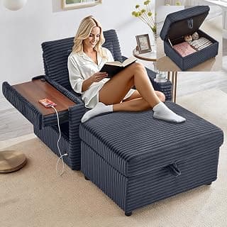Chaise Lounge Chair Indoor with Ottoman, Corduroy Sofa Bed with Table Board, USB Ports, Cup Holder & Pillow, Boneless Chaise Lounge for Storage Space Living Room Bedroom Apartment (Grey)