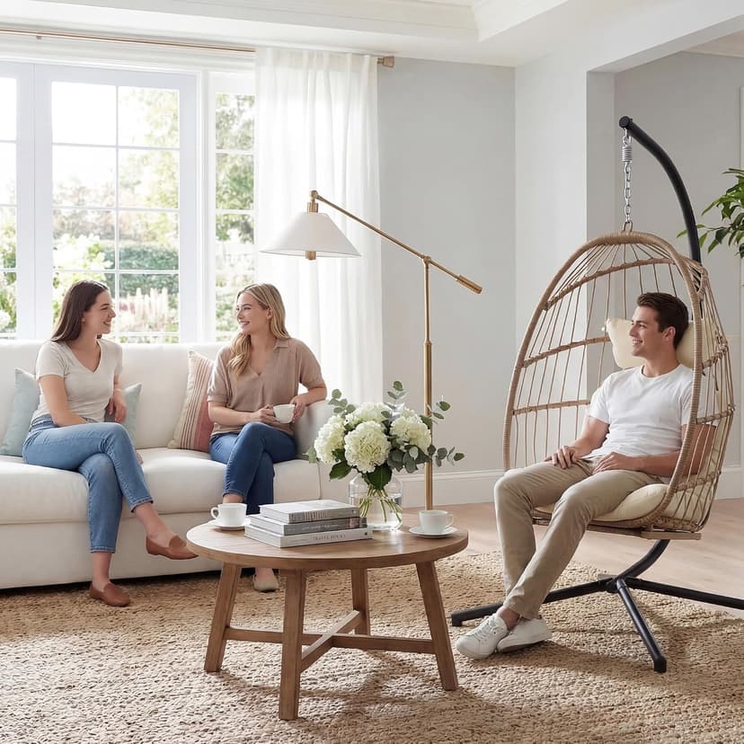 Yechen Hanging Egg Chair with Stand and Footrest for Indoor Outdoor, Foldable Wicker Rattan Patio Egg Swing Chairs Hammock Egg Chair with UV Resistant Cushion for Bedroom Porch, 350 Lbs Capacity