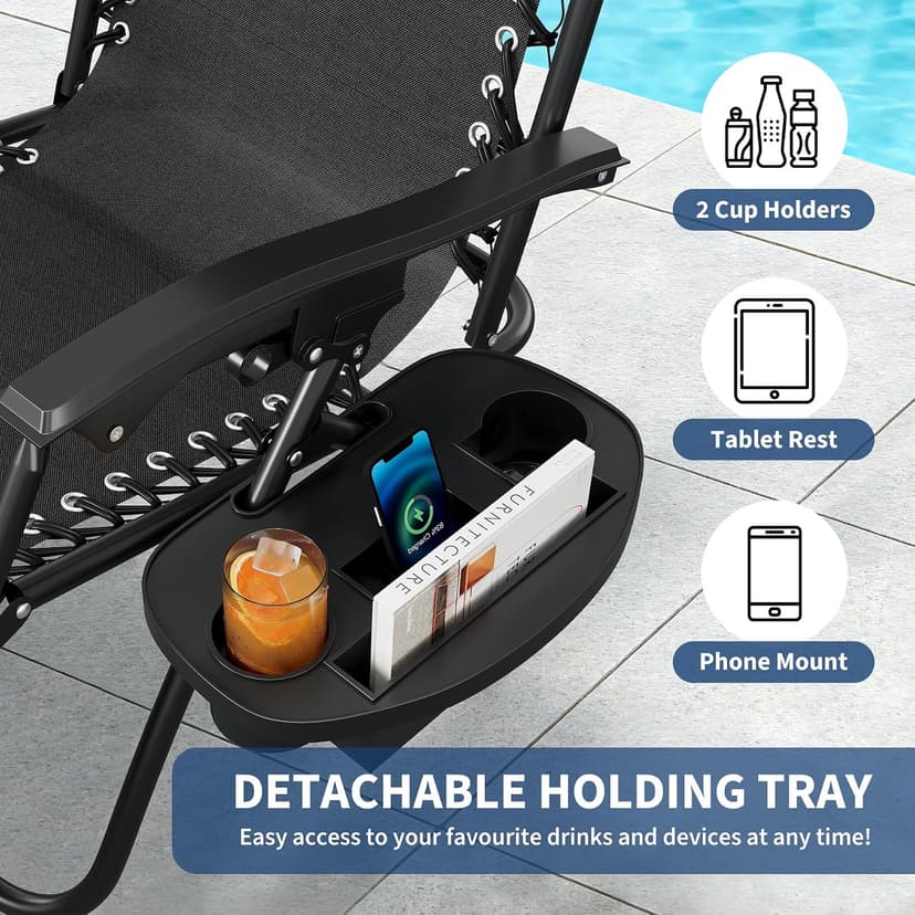 Garvee Zero Gravity Chair Set of 2, Patio Lounge Chair Outdoor with Pillow & Cup Holder Tray, Adjustable Reclining Chair, Folding Portable Camping Chair for Deck, Beach, Yard, Garden - Black