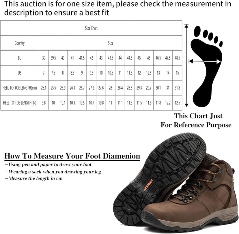 AZXPROT Waterproof Hiking Boots for Men, 6" Comfortable Soft Toe Shoes Mid Non Slip Hiking Shoes Outdoor Travel Shoes Leather Hiking Backpack Boots