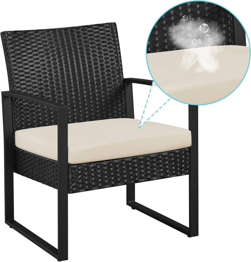 Yaheetech 3 Pieces Rattan Bistro Set, Outdoor Wicker Patio Modern Conversation Furniture, 2 Chairs & Tempered Glass Coffee Table for Garden, Balcony, Backyard, Poolside, Black/Beige