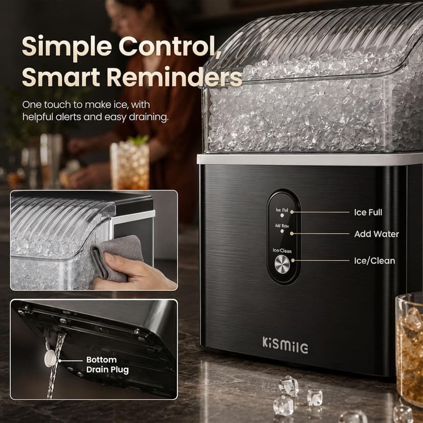 Kismile Nugget Ice Maker Countertop, 35Lbs/24H Pebble Ice Maker with Chewable Pellet ice, First Ice in 7 Mins, Self-Cleaning Ice Machine with Removable Basket for Home & Kitchen(Black)