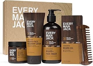 Every Man Jack Beard Essentials Gift Set for Men – Complete Routine with 5 Full-Size Essentials – Sandalwood Scent - Beard & Face Wash, Lotion, Oil, Butter & Comb