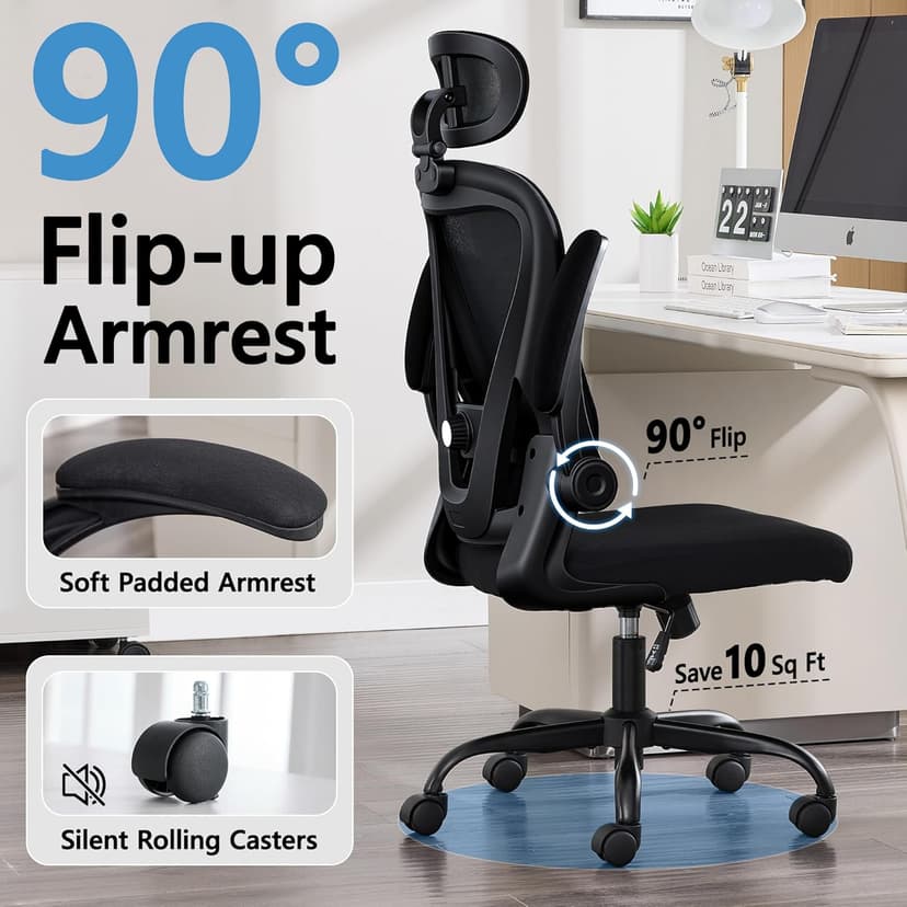 Office Chair, Ergonomic Office Chair with Headrest, Comfy Home Office Desk Chairs with Lumbar Support & Flip-up Armrests, 330LBS High Back Mesh Computer Desk Chair for Home Office, Black