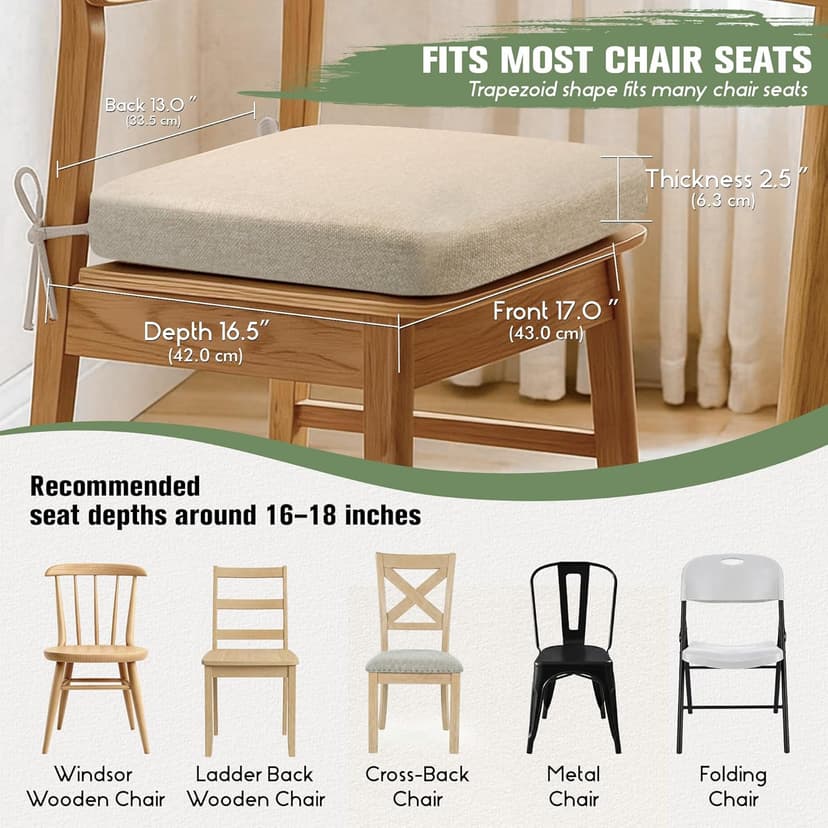kingphenix Dining Chair Cushions Set of 4, 2.5 inch Thick Kitchen Chair Pads with Ties, Non Slip Bottom, Removable Washable Cover, 17” x 16”, Beige