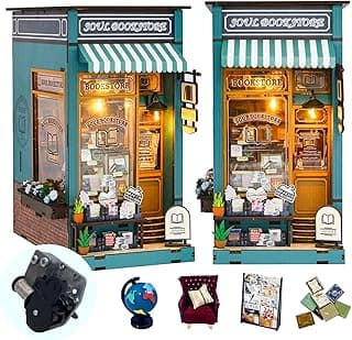 DIY Book Nook Kit with Music Box, Wooden 3D Puzzle Dollhouse with LED, Miniature House Kit Bookends for Adult and Teen, Bookshelf Decor, Creative Gift for Friends and Family. Soul Bookstore
