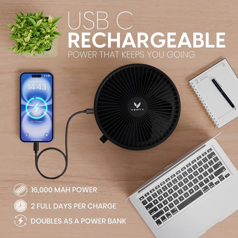 VENTY Portable Fan - Wireless Battery Operated Fan - 4 Speeds - LED Lighting - Carry Case & Remote Control - Cruise Travel - Outdoor Travel RV Power Bank With USB-C Port (Black with Case) B09PMQF5S9