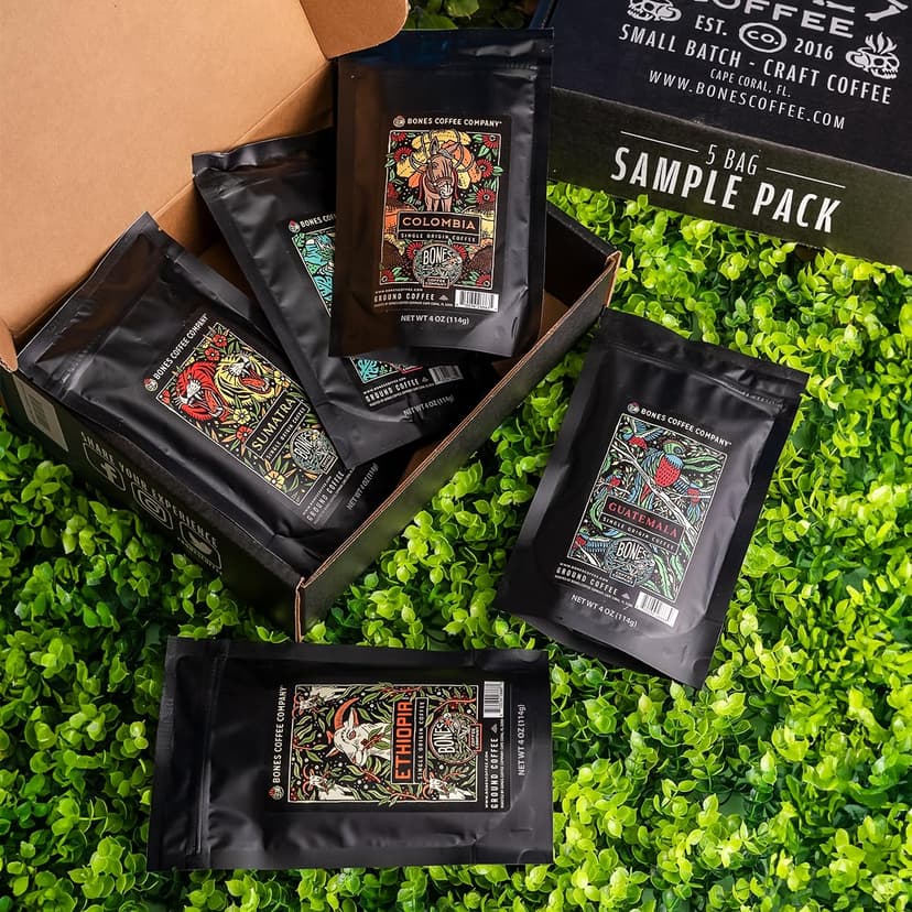 Bones Coffee Company NEW World Tour Sample Pack, Single-Origin Flavored Coffee Low Acid Medium Roast Arabica Beans Specialty Coffee Gifts Compatible Auto Drip and French Press, 4 oz Pack of 5 Ground B0BBY6V5T3