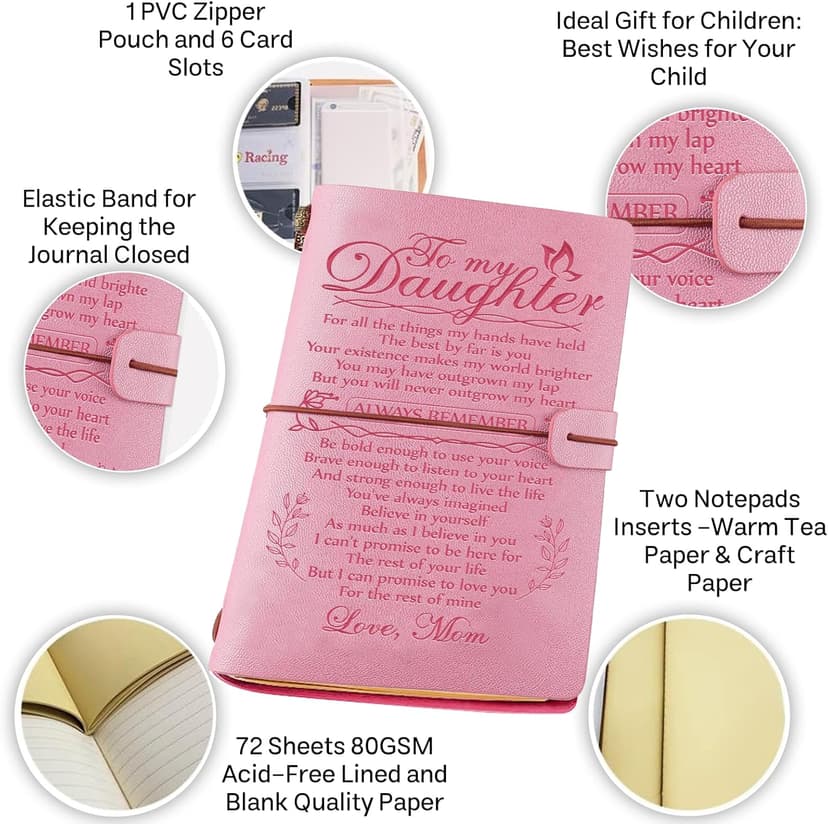 Daughter Gift from Mom, To My Daughter Leather Journal, 140 Page Refillable Writing Journal, Christmas Birthday Gifts for Daughter from Mom, Mother Daughter Gifts for Adults Daughter（Pink）