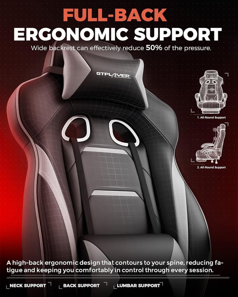 GTPLAYER Gaming Chair for Adults, Big and Tall 350LBS Heavy Duty Office Chair, Ergonomic High Back Lumbar Support and Recliner for Back Pain Relief, Sky Gray