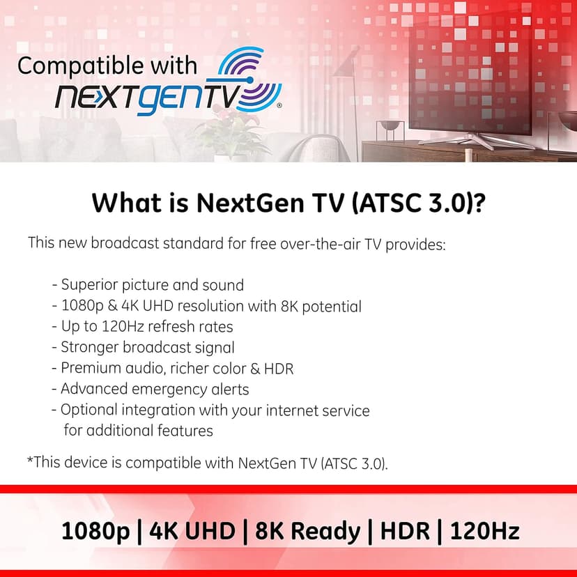GE Flat Panel Indoor HD Digital TV Antenna, Long Range Smart TV Antenna, Supports 4K 1080P HD Smart TV VHF UHF, Extendable Dipole Rabbit Ears, Adjustable Stand, 5ft Coax HDTV Cable, 33681