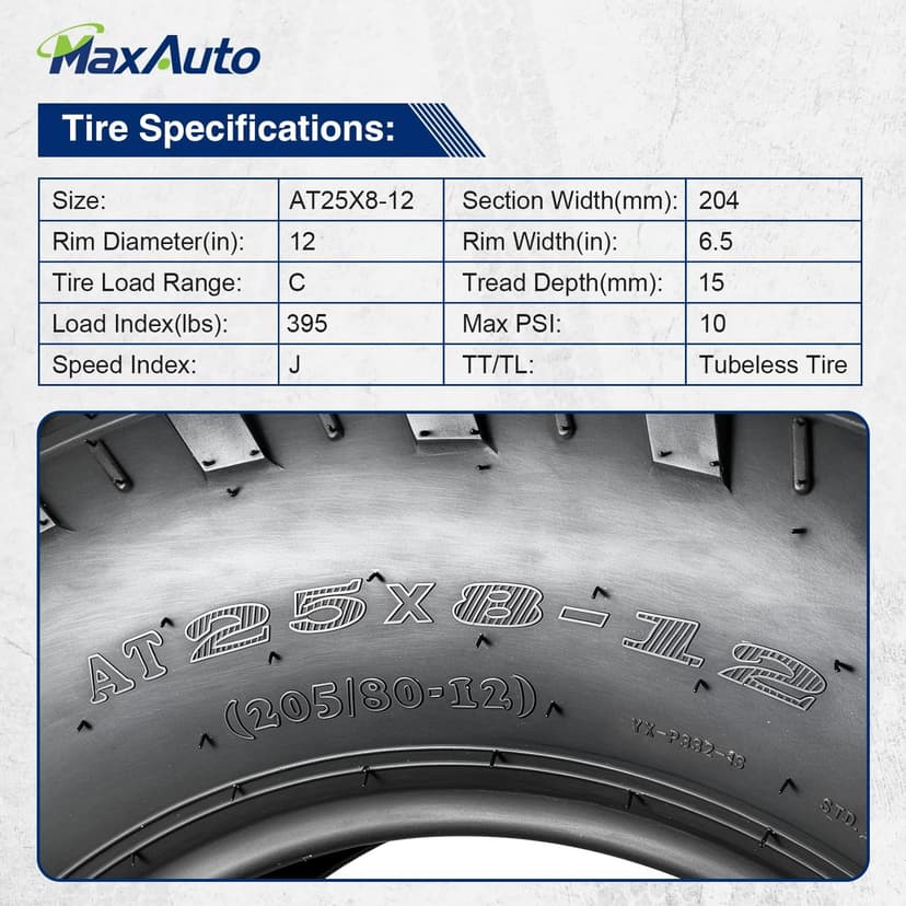 MaxAuto Set of 4 UTV ATV Tires 25x8-12 Front & 25X10-12 Rear Tire, 6PR Tubeless, Four Wheeler Tires All Terrain Tire 25x8x12 Sport Mud-tires 25x10x12 Off Road tire, 4 Pack in 2 Packages