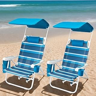2 Pack Beach Chair with Canopy Shade, 5 Positions Lay Flat Textilene Reclining Beach Chair with Backpack Straps, Cooler Bag & Cup Holder for Outdoor Lawn Camping