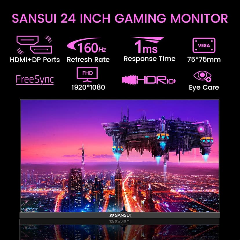 SANSUI 24" 1ms 160Hz Gaming Monitor, FHD 1080P Computer Screen, FreeSync Sync, 4000:1 Contrast, 110% sRGB, HDMI & DP Ports, VESA Mount, HDMI Cable Included