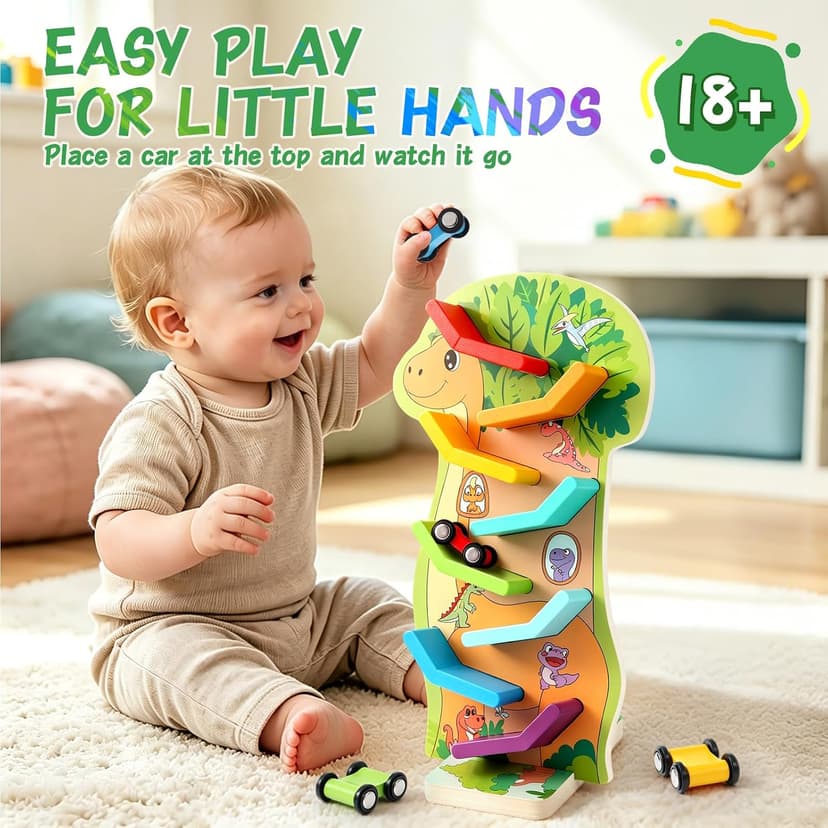 4 Mini Cars, 8 Level Race Track Car Truck, Car Toys for Toddlers 1-3, One 1st Birthday Gift Montessori Toys for 1 2 3 Year Old Boy, Dinosaur Wooden Car Ramp Race Track B0H7H5XWV5