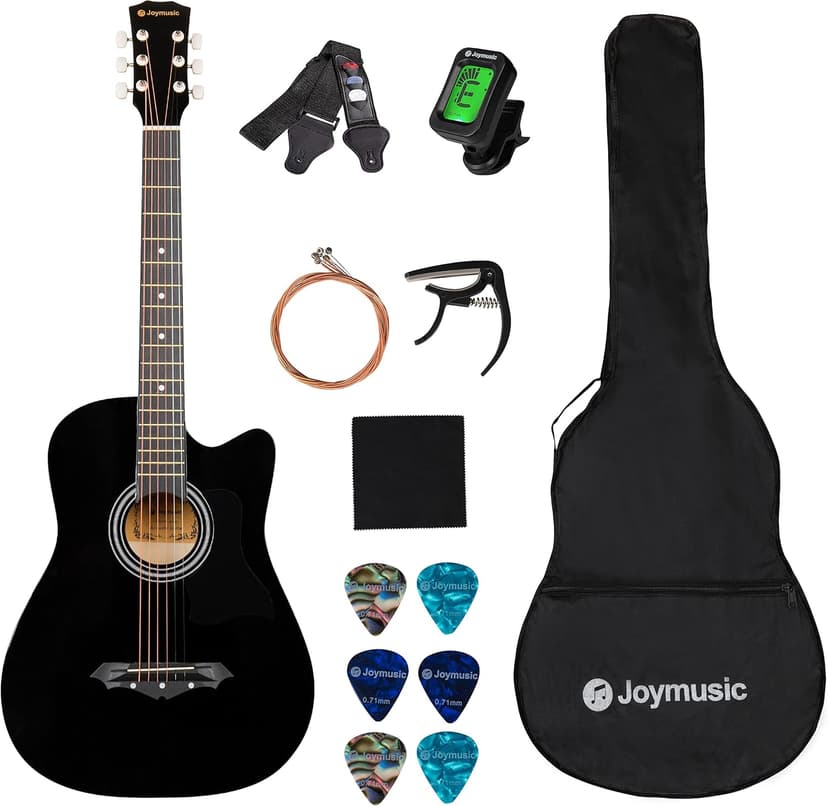 Joymusic 38 inch black beginner acoustic guitar,bundle with a strap with picks holder,digital tuner, set strings, capo,cleaning cloth,6 picks,gig bag.（JG-38C,BK）