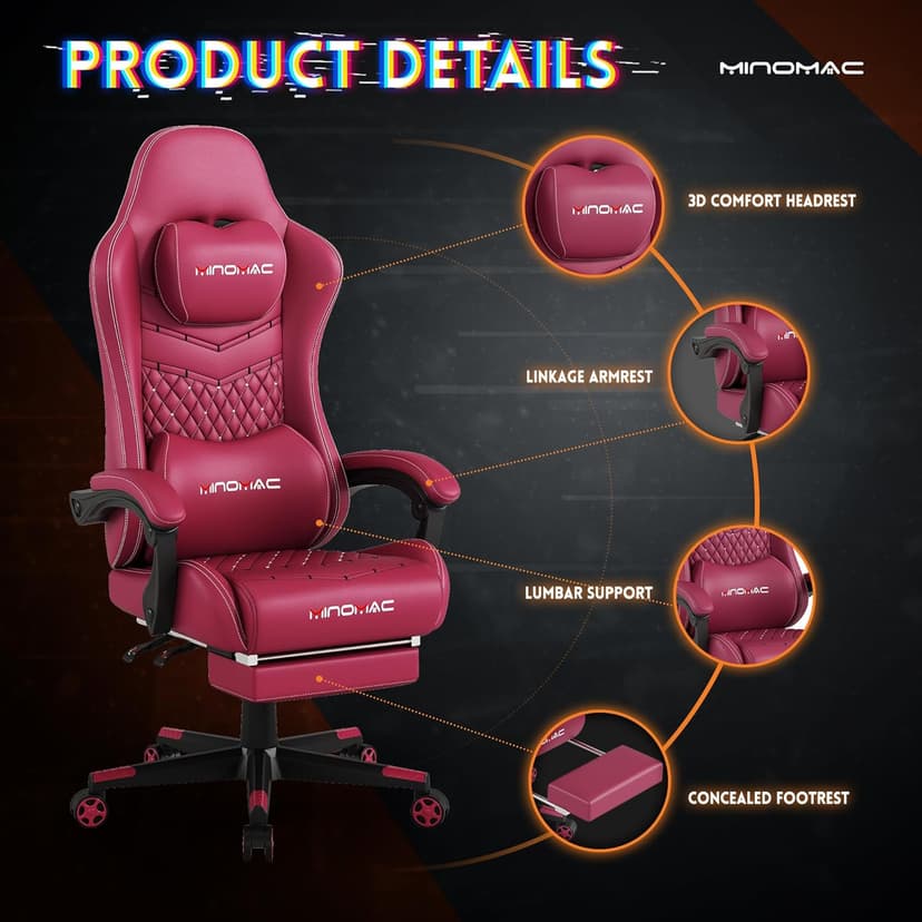 Gaming Chair,Ergonomic Computer Gaming Chair,400lb Load-Bearing,Retractable Footrest/Waist Support/Ergonomic Backrest[Spring + 4D Sponge] (RED)