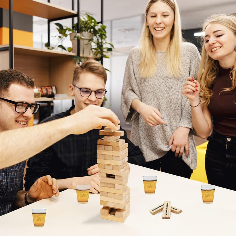 ArtCreativity Tumbling Tower Drinking Games for Adults, with 4 Glasses and 48 Wooden Blocks with Challenges, Fun House Adult Party Games for Game Night, Great Gift Idea for Everyone