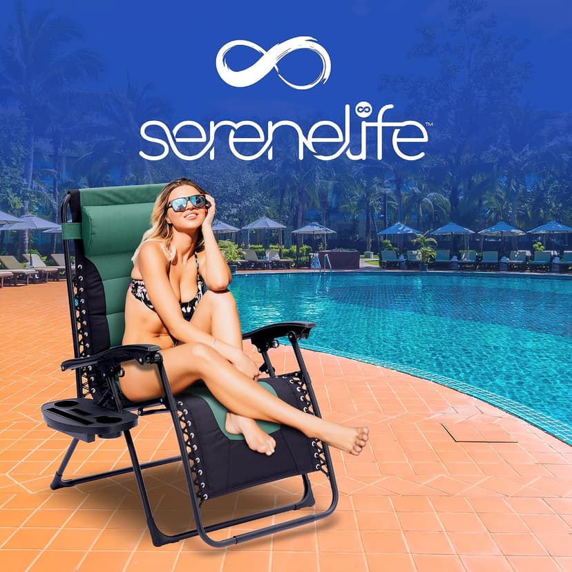 SereneLife Oversized Padded Zero Gravity Lounge Chair, Foldable Outdoor Patio Recliner, Anti Gravity Lawn Recliner with Cup Holder and Side Table for Backyard, Camping, Beach or Outdoor Relaxation