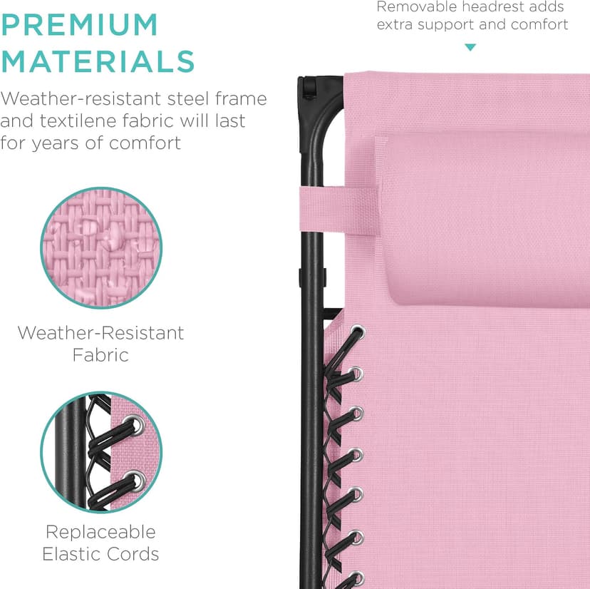 Best Choice Products Folding Zero Gravity Outdoor Recliner Patio Lounge Chair w/Adjustable Canopy Shade, Headrest, Side Accessory Tray, Textilene Mesh - Bubblegum Pink